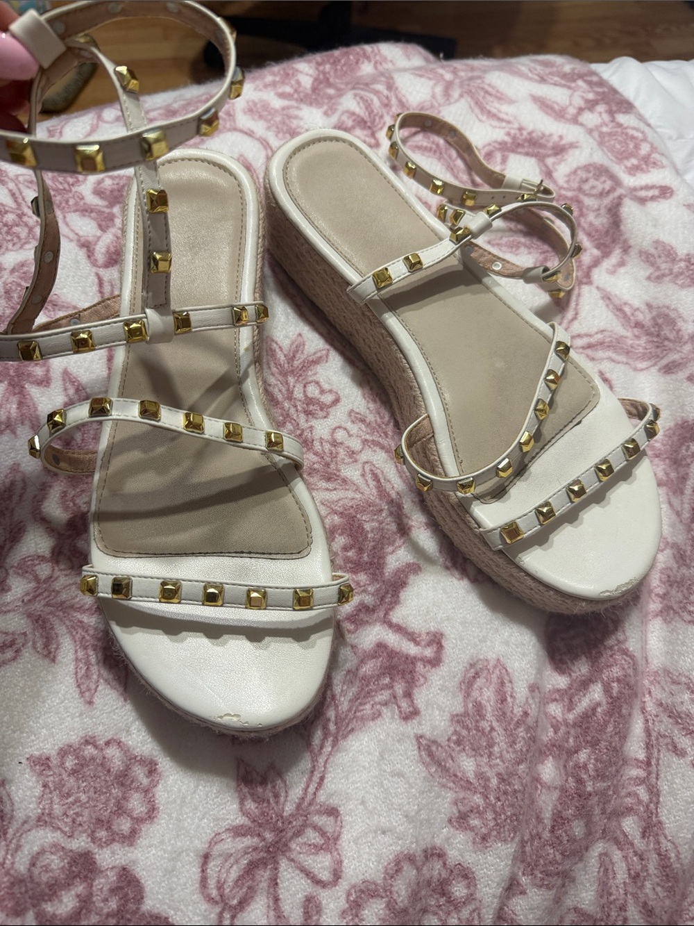 SHEIN White Studded Espadrille Wedge Sandals